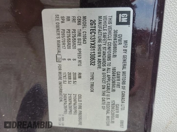 2008 GMC Sierra 1500 SLT z VIN 2GTEC13YX81130632, wystawiony jako Copart lot #55159455 z przebiegiem 181 375 mil mil oraz Szkoda całkowita • Salvage title. Historia ofert i sprzedaży dostępna na DreamBid. Obrazek 12.