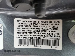 2011 Honda Civic LX with VIN 19XFA1F53BE006949, listed as a Copart auction lot 51457155 with 82,416 mi miles and Salvage Title. Bid and sale history available at DreamBid. Image 14.