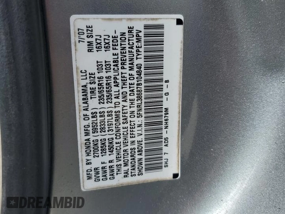 2007 Honda Odyssey EX-L with VIN 5FNRL38687B104840, listed as a Copart auction lot 51759295 with 213,206 mi miles and Salvage Title. Bid and sale history available at carsss.com. Image 14.
