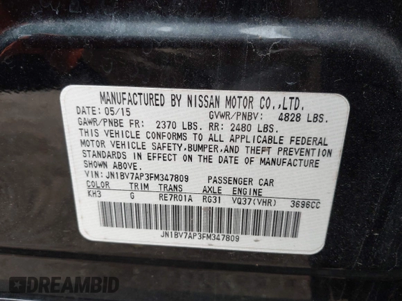 2015 Infiniti Q50 with VIN JN1BV7AP3FM347809, listed as a IAAI auction lot 41821304 with 107,733 mi miles and . Bid and sale history available at carsss.com. Image 9.