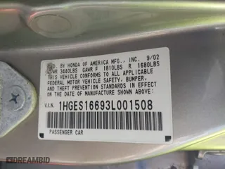 2003 Honda Civic LX with VIN 1HGES16693L001508, listed as a IAAI auction lot 41338221 with 199,293 mi miles. Bid and sale history available at carsss.com. Image 9.