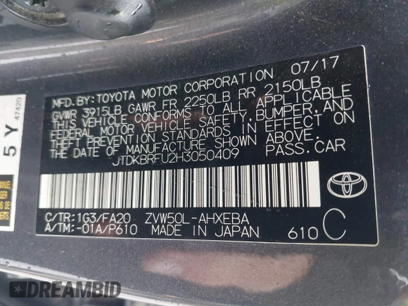 2017 Toyota Prius Two with VIN JTDKBRFU2H3050409, listed as a IAAI auction lot 41876149 with 43,849 mi miles and . Bid and sale history available at DreamBid. Image 9.