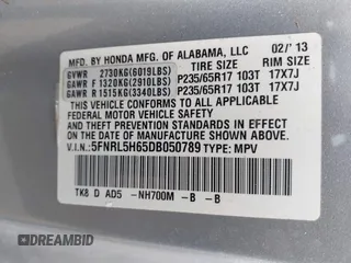 2013 Honda Odyssey EX-L with VIN 5FNRL5H65DB050789, listed as a IAAI auction lot 41911537 with 160,348 mi miles and . Bid and sale history available at carsss.com. Image 9.