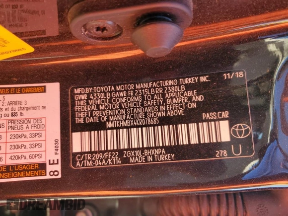 2019 Toyota C-HR XLE z VIN NMTKHMBX4KR078685, wystawiony jako Copart lot #49944845 z przebiegiem Nie podano mil oraz Nie do naprawy • Non repairable. Historia ofert i sprzedaży dostępna na DreamBid. Obrazek 13.