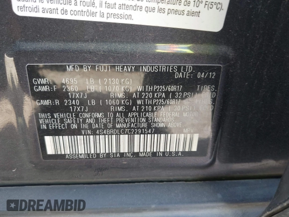 2012 Subaru Outback Limited с VIN 4S4BRDLC7C2291547, выставлен на аукционе IAAI как лот 42499514 с пробегом 85 449 миль миль и . История ставок и продаж доступна на DreamBid. Изображение 9.