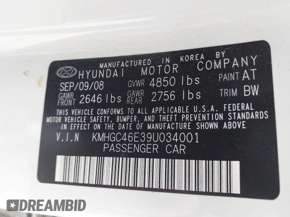 2009 Hyundai Genesis with VIN KMHGC46E39U034001, listed as a IAAI auction lot 42111636 with 116,358 mi miles and . Bid and sale history available at DreamBid. Image 9.
