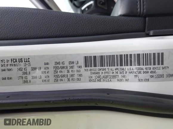 2015 Dodge Durango SXT with VIN 1C4RDJAG8FC239977, listed as a IAAI auction lot 40764725 with 133,809 mi miles and . Bid and sale history available at carsss.com. Image 9.