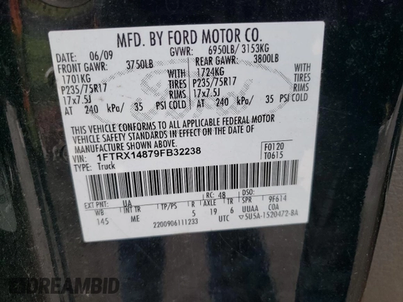 2009 Ford F-150 STX with VIN 1FTRX14879FB32238, listed as a Copart auction lot 52032655 with 92,451 mi miles and Salvage Title. Bid and sale history available at carsss.com. Image 12.