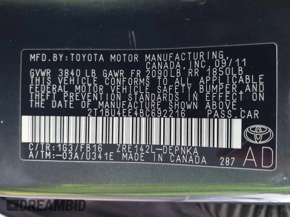 2011 Toyota Corolla L with VIN 2T1BU4EE4BC692216, listed as a IAAI auction lot 41773161 with 139,067 mi miles. Bid and sale history available at carsss.com. Image 9.