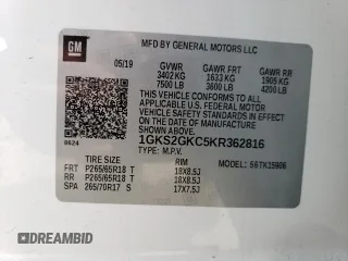 2019 GMC Yukon XL SLT with VIN 1GKS2GKC5KR362816, listed as a Copart auction lot 69062794 with 96,321 mi miles and Salvage Title. Bid and sale history available at DreamBid. Image 13.