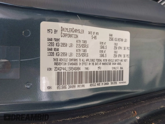 2005 Dodge Caravan SXT с VIN 2D4GP44L15R546084, выставлен на аукционе IAAI как лот 42286166 с пробегом 252 631 миль миль и . История ставок и продаж доступна на DreamBid. Изображение 9.