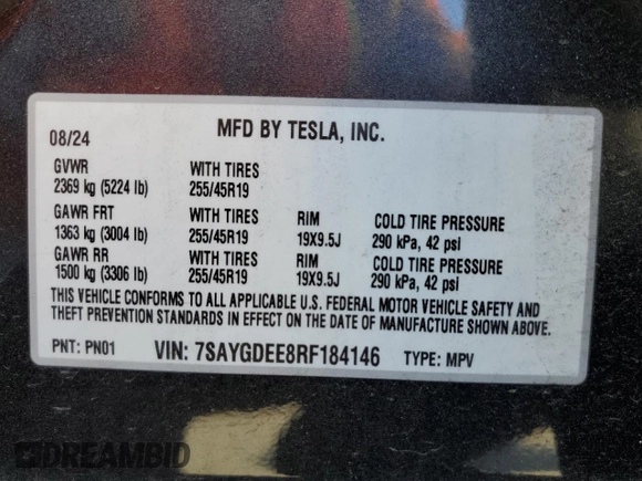 2024 Tesla Model Y Long Range с VIN 7SAYGDEE8RF184146, выставлен на аукционе Copart как лот 61194535 с пробегом 8 225 миль миль и Списание • Salvage title. История ставок и продаж доступна на DreamBid. Изображение 13.