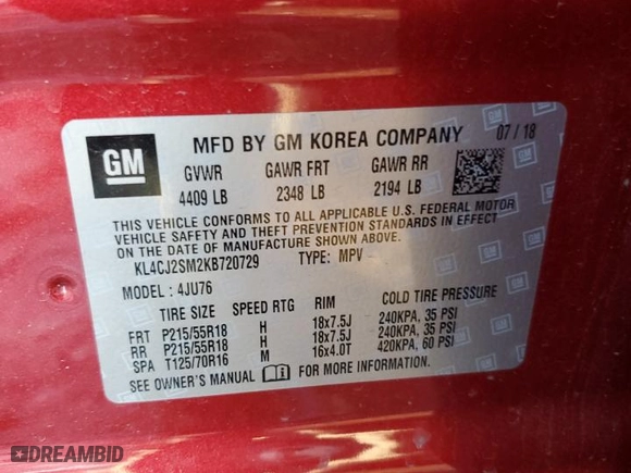 2019 Buick Encore Sport Touring with VIN KL4CJ2SM2KB720729, listed as a Copart auction lot 82439654 with 12,321 mi miles and Salvage Title. Bid and sale history available at carsss.com. Image 13.