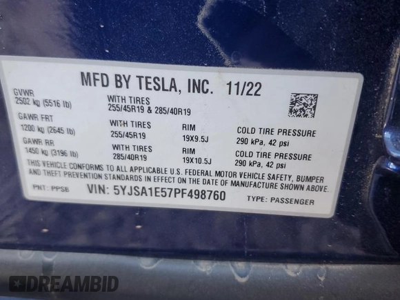 2023 Tesla Model S with VIN 5YJSA1E57PF498760, listed as a Copart auction lot 88494905 with 39,521 mi miles and Salvage title. Bid and sale history available at DreamBid. Image 12.