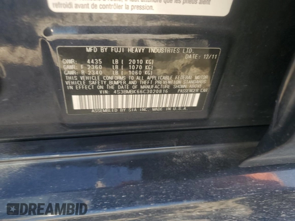 2012 Subaru Legacy Limited with VIN 4S3BMBK66C3020816, listed as a Copart auction lot 61534355 with 111,672 mi miles and Salvage title. Bid and sale history available at DreamBid. Image 12.