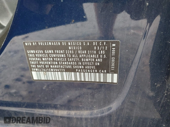 2012 Volkswagen Jetta TDI w/Premium with VIN 3VWLL7AJ1CM394773, listed as a IAAI auction lot 42324711 with 179,470 mi miles and . Bid and sale history available at DreamBid. Image 9.