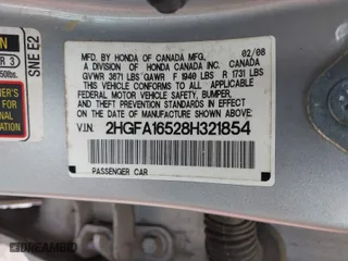2008 Honda Civic Sdn LX with VIN 2HGFA16528H321854, listed as a IAAI auction lot 41886663 with 179,241 mi miles. Bid and sale history available at carsss.com. Image 9.