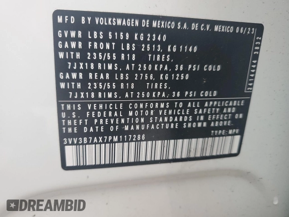 2023 Volkswagen Tiguan SE with VIN 3VV3B7AX7PM117286, listed as a Copart auction lot 51980725 with Not provided miles and Salvage title. Bid and sale history available at DreamBid. Image 15.