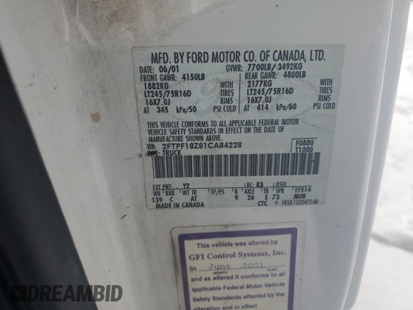 2001 Ford F-150 XL with VIN 2FTPF18Z81CA84228, listed as a Copart auction lot 42434285 with 83,435 mi miles and Salvage title. Bid and sale history available at DreamBid. Image 14.