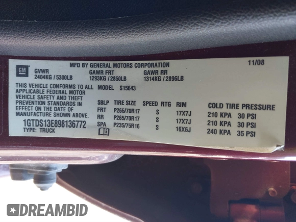 2009 GMC Canyon SLE1 with VIN 1GTDS13E898136772, listed as a IAAI auction lot 41406981 with 190,691 mi miles. Bid and sale history available at carsss.com. Image 9.