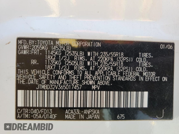 2006 Toyota RAV4 Sport with VIN JTMBD32V365017457, listed as a Copart auction lot 62736495 with 156,168 mi miles and Clean title. Bid and sale history available at DreamBid. Image 13.