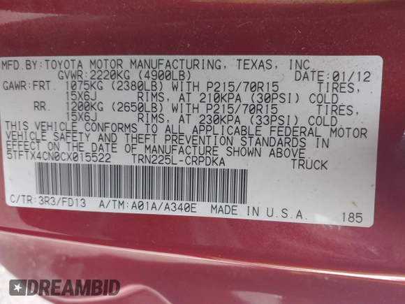 2012 Toyota Tacoma with VIN 5TFTX4CN0CX015522, listed as a IAAI auction lot 42486017 with 205,596 mi miles and . Bid and sale history available at DreamBid. Image 9.