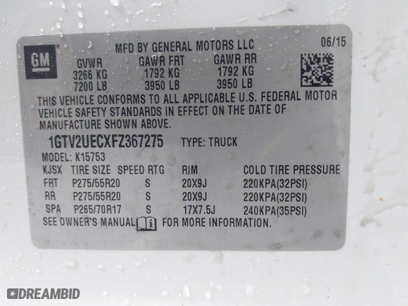 2015 GMC Sierra 1500 SLE with VIN 1GTV2UECXFZ367275, listed as a IAAI auction lot 41919105 with 80,910 mi miles. Bid and sale history available at carsss.com. Image 9.