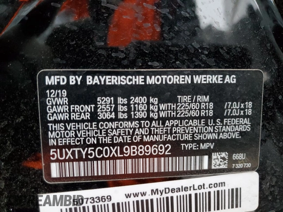2020 BMW X3 xDrive30i z VIN 5UXTY5C0XL9B89692, wystawiony jako Copart lot #43006555 z przebiegiem 44 757 mil mil oraz Szkody całkowita. Historia ofert i sprzedaży dostępna na DreamBid. Obrazek 14.