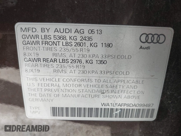 2013 Audi Q5 Premium Plus with VIN WA1LFAFP8DA099487, listed as a IAAI auction lot 42098796 with 149,158 mi miles. Bid and sale history available at carsss.com. Image 9.