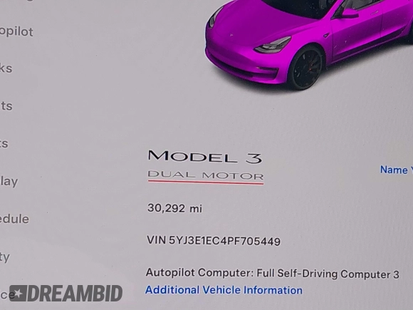 2023 Tesla Model 3 Performance with VIN 5YJ3E1EC4PF705449, listed as a IAAI auction lot 41587026 with 30,292 mi miles. Bid and sale history available at carsss.com. Image 16.