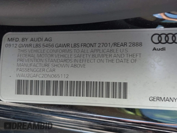 2013 Audi A7 3.0 Prestige with VIN WAU2GAFC2DN065112, listed as a IAAI auction lot 41117426 with 159,105 mi miles. Bid and sale history available at carsss.com. Image 9.