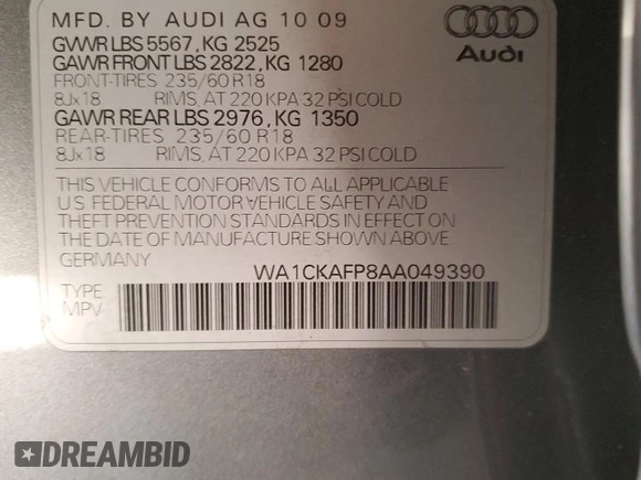 2010 Audi Q5 Premium with VIN WA1CKAFP8AA049390, listed as a Copart auction lot 41990955 with Not provided miles and Salvage title. Bid and sale history available at DreamBid. Image 12.