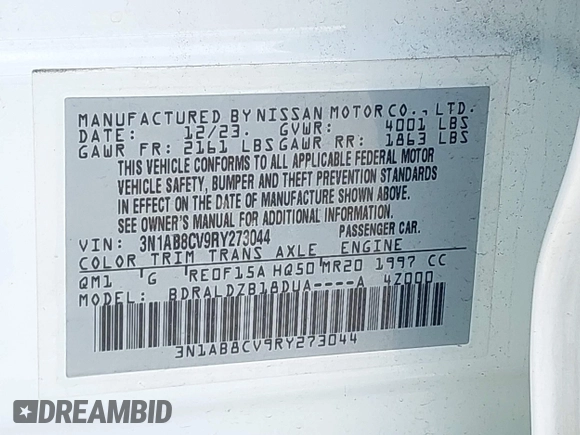 2024 Nissan Sentra SV with VIN 3N1AB8CV9RY273044, listed as a IAAI auction lot 42697869 with Not provided miles and . Bid and sale history available at DreamBid. Image 9.