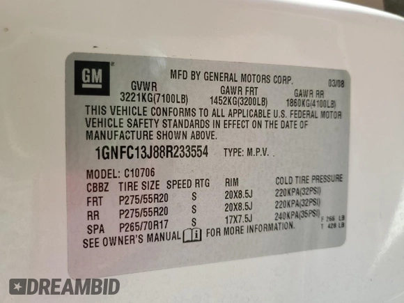 2008 Chevrolet Tahoe LTZ with VIN 1GNFC13J88R233554, listed as a Copart auction lot 60243335 with Not provided miles and Salvage title. Bid and sale history available at DreamBid. Image 14.