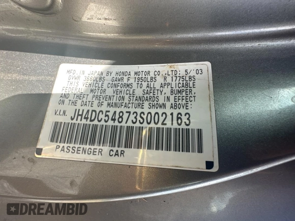 2003 Acura RSX z VIN JH4DC54873S002163, wystawiony jako Copart lot #86151884 z przebiegiem Nie podano mil oraz Szkoda całkowita • Salvage title. Historia ofert i sprzedaży dostępna na DreamBid. Obrazek 10.