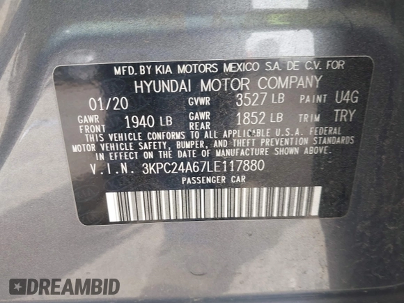 2020 Hyundai Accent SE with VIN 3KPC24A67LE117880, listed as a IAAI auction lot 41924657 with 98,056 mi miles. Bid and sale history available at carsss.com. Image 9.