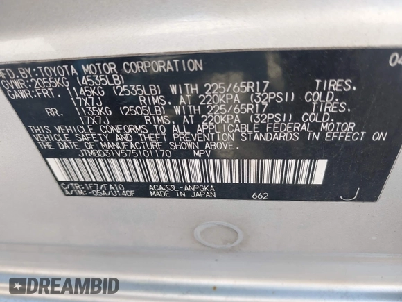 2007 Toyota RAV4 Limited with VIN JTMBD31V575101170, listed as a IAAI auction lot 42031400 with 180,415 mi miles. Bid and sale history available at carsss.com. Image 9.
