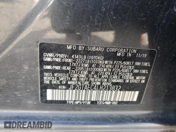 2020 Subaru Crosstrek Premium with VIN JF2GTAEC4LH213832, listed as a Copart auction lot 61101545 with 76,837 mi miles and Salvage title. Bid and sale history available at DreamBid. Image 13.
