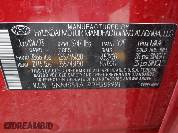 2023 Hyundai Santa Fe Calligraphy with VIN 5NMS54AL9PH589991, listed as a IAAI auction lot 42566562 with 23,162 mi miles and . Bid and sale history available at DreamBid. Image 9.