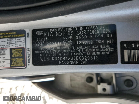 2014 Kia Rio LX with VIN KNADM4A30E6329515, listed as a Copart auction lot 52415295 with 231,991 mi miles and Salvage Title. Bid and sale history available at DreamBid. Image 13.