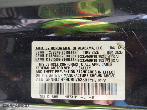 2013 Honda Odyssey Touring with VIN 5FNRL5H99DB076385, listed as a IAAI auction lot 41751504 with 233,875 mi miles. Bid and sale history available at carsss.com. Image 9.