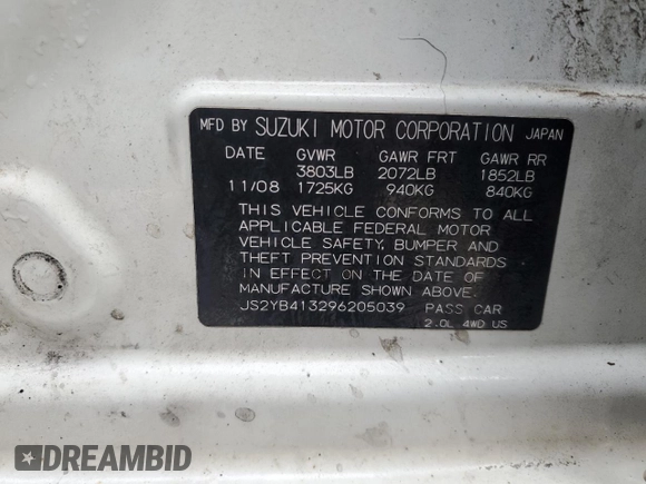 2009 Suzuki SX4 Man AWD with VIN JS2YB413296205039, listed as a Copart auction lot 83799554 with 160,910 mi miles and Salvage Title. Bid and sale history available at carsss.com. Image 12.
