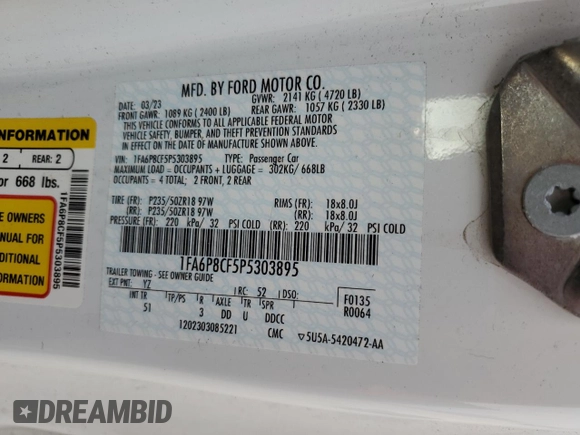 2023 Ford Mustang GT with VIN 1FA6P8CF5P5303895, listed as a Copart auction lot 51772525 with 28,930 mi miles and Salvage Title. Bid and sale history available at DreamBid. Image 14.