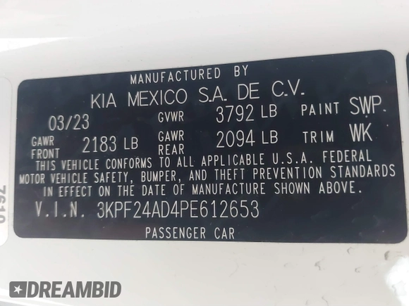 2023 Kia Forte LXS z VIN 3KPF24AD4PE612653, wystawiony jako IAAI lot #41660877 z przebiegiem 16 920 mil mil oraz . Historia ofert i sprzedaży dostępna na DreamBid. Obrazek 9.