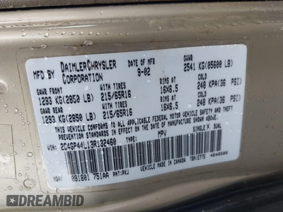 2003 Chrysler Town & Country LX z VIN 2C4GP44L13R132460, wystawiony jako IAAI lot #42467139 z przebiegiem 229 293 mil mil oraz . Historia ofert i sprzedaży dostępna na DreamBid. Obrazek 9.