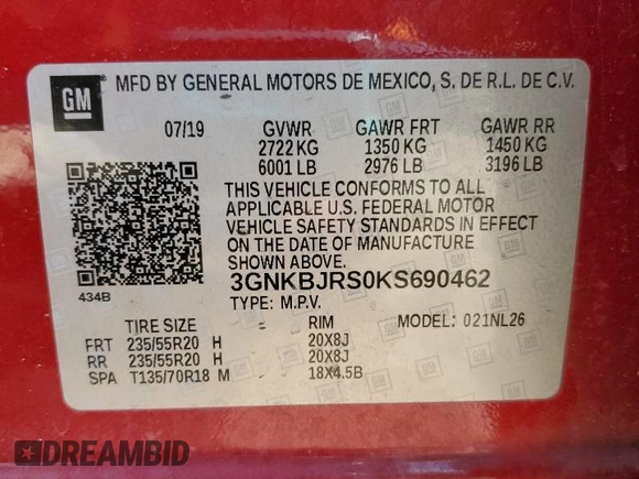 2019 Chevrolet Blazer RS with VIN 3GNKBJRS0KS690462, listed as a Copart auction lot 55129925 with 68,743 mi miles and Salvage title. Bid and sale history available at DreamBid. Image 13.