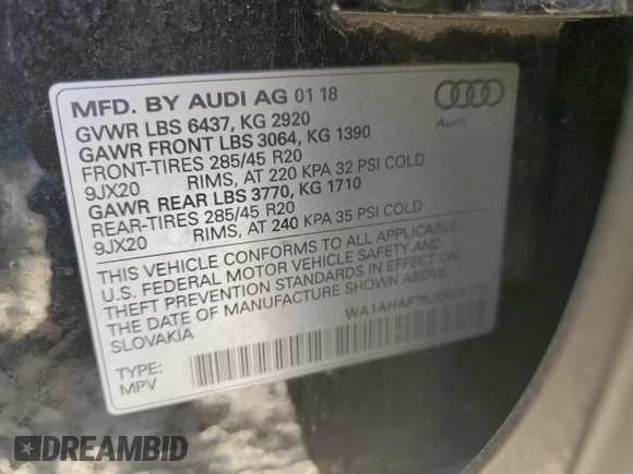 2018 Audi Q7 Premium with VIN WA1AHAF79JD029122, listed as a Copart auction lot 75455624 with 140,781 mi miles and Salvage title. Bid and sale history available at DreamBid. Image 13.