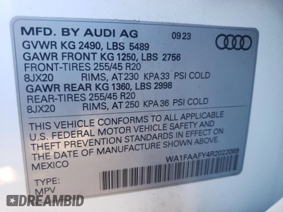 2024 Audi Q5 S line Prestige with VIN WA1FAAFY4R2022069, listed as a Copart auction lot 73215794 with 9,848 mi miles and Salvage title. Bid and sale history available at DreamBid. Image 12.