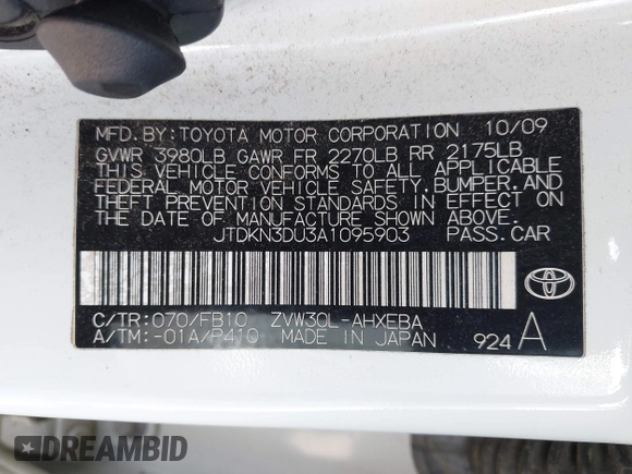 2010 Toyota Prius Four with VIN JTDKN3DU3A1095903, listed as a IAAI auction lot 42162529 with 136,716 mi miles and . Bid and sale history available at DreamBid. Image 9.