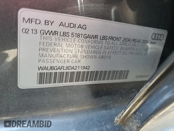 2013 Audi S4 Premium Plus with VIN WAUBGAFL8DA211942, listed as a Copart auction lot 71849104 with 63,483 mi miles and Salvage Title. Bid and sale history available at carsss.com. Image 12.